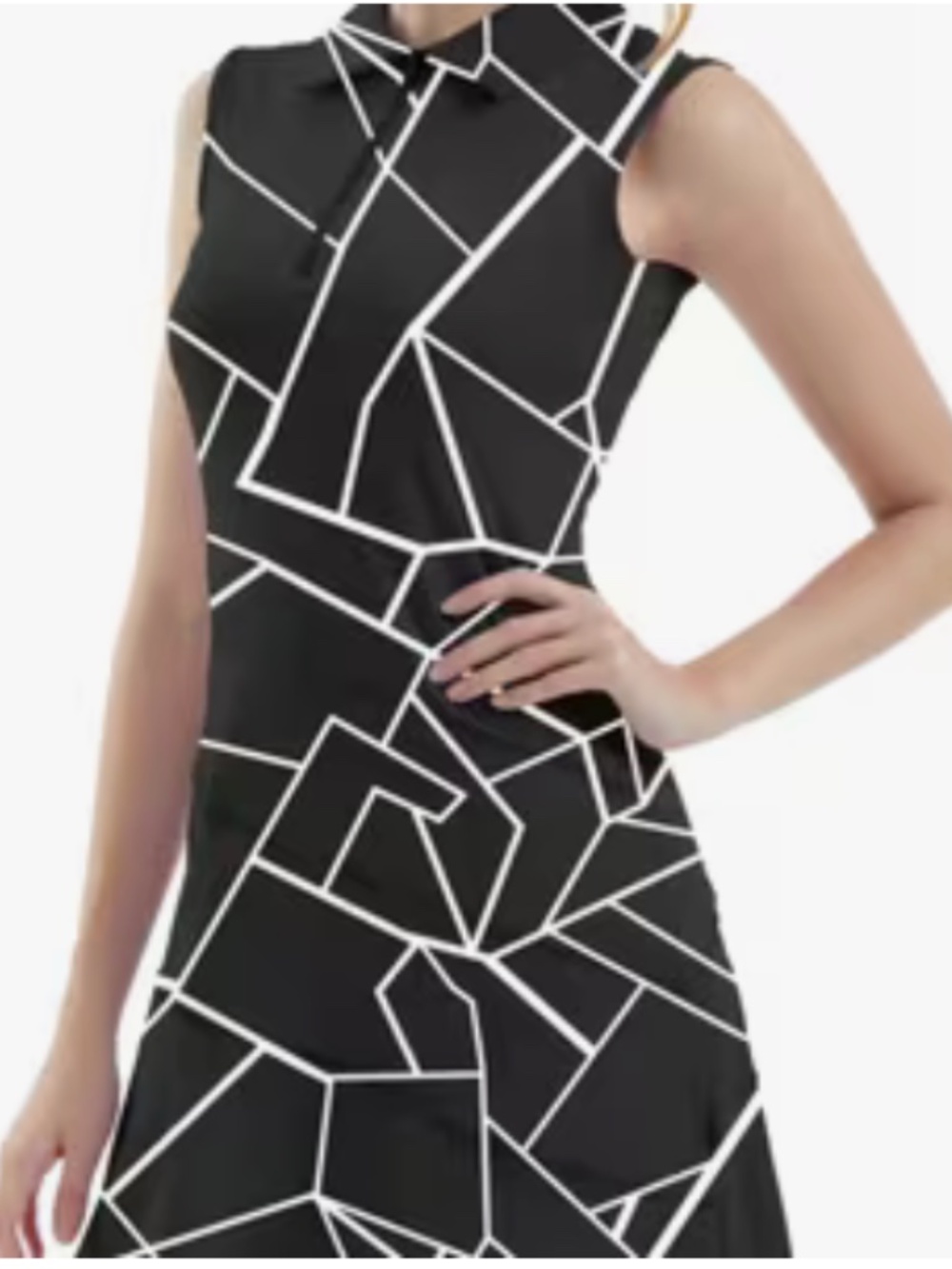 Sleeveless Black Geometric Print Polo Dress - Large NWOT
